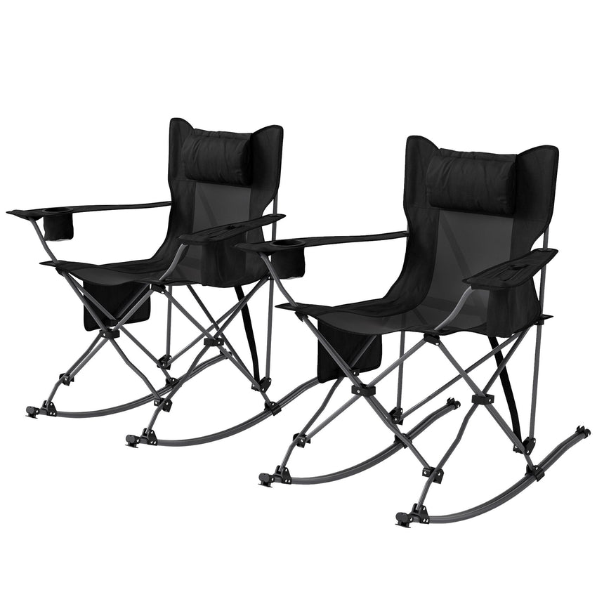 Outsunny Portable Outdoor Folding Rocking Camping Chairs with Headrest, Cooler Bag, Cup Holder, Carry Bag, 2 Pack, Black - 7DAY'S