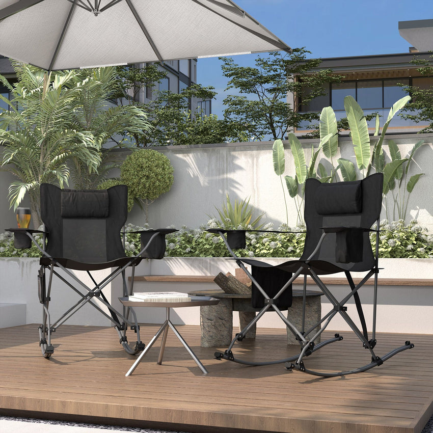 Outsunny Portable Outdoor Folding Rocking Camping Chairs with Headrest, Cooler Bag, Cup Holder, Carry Bag, 2 Pack, Black - 7DAY'S