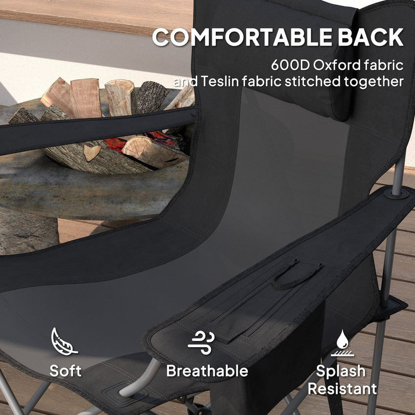 Outsunny Portable Outdoor Folding Rocking Camping Chairs with Headrest, Cooler Bag, Cup Holder, Carry Bag, 2 Pack, Black - 7DAY'S