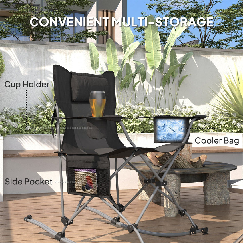 Outsunny Portable Outdoor Folding Rocking Camping Chairs with Headrest, Cooler Bag, Cup Holder, Carry Bag, 2 Pack, Black - 7DAY'S