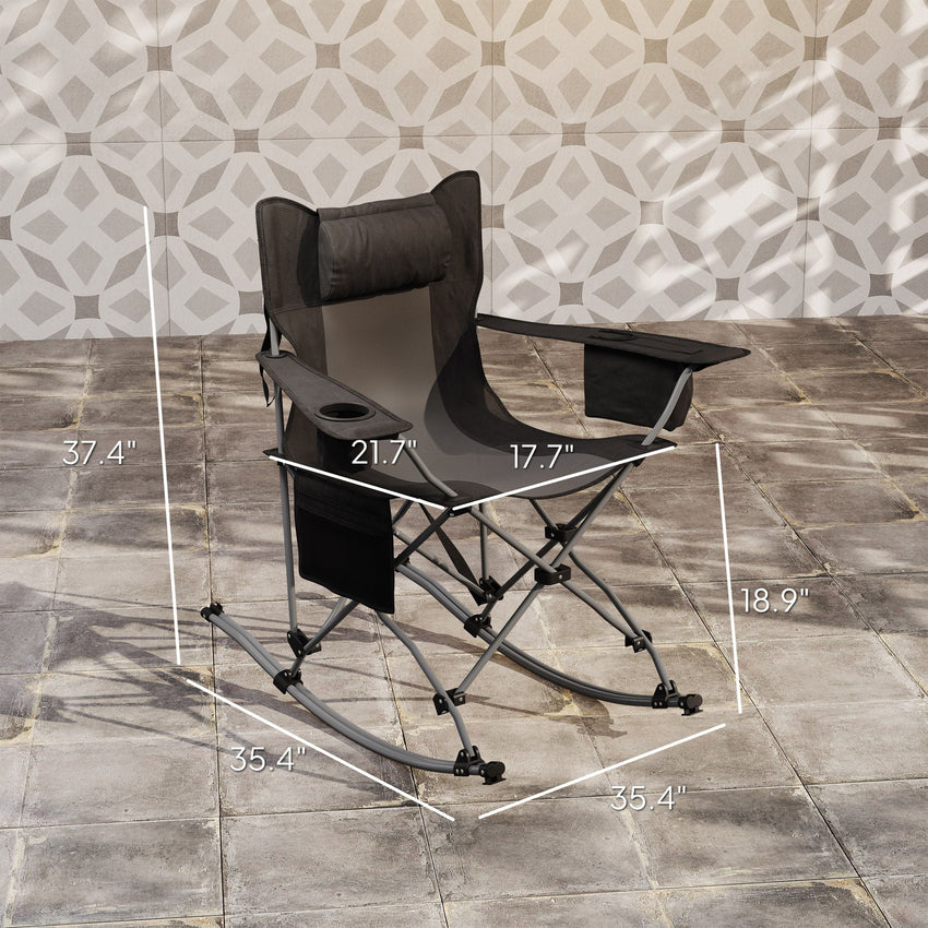 Outsunny Portable Outdoor Folding Rocking Camping Chairs with Headrest, Cooler Bag, Cup Holder, Carry Bag, 2 Pack, Black - 7DAY'S