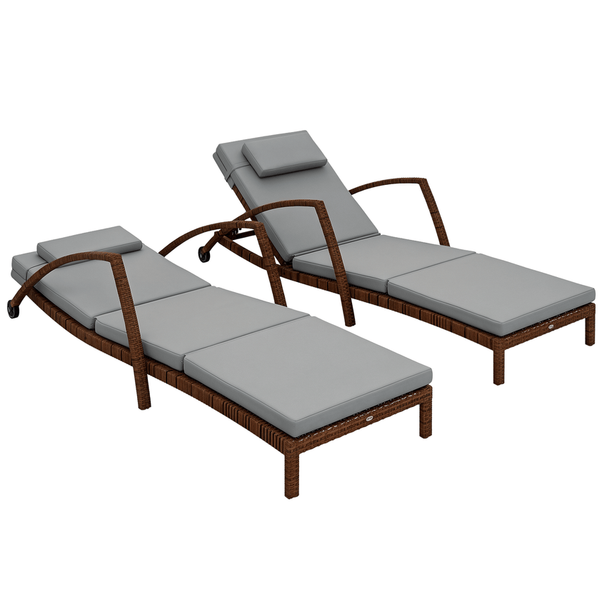 Outsunny Set of 2 Wicker Chaise Lounge Chair Outdoor Patio Lounger with Adjustable Back, Wheels, Cushion, and Armrests, Gray - 7DAY'S
