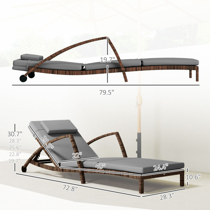 Outsunny Set of 2 Wicker Chaise Lounge Chair Outdoor Patio Lounger with Adjustable Back, Wheels, Cushion, and Armrests, Gray - 7DAY'S
