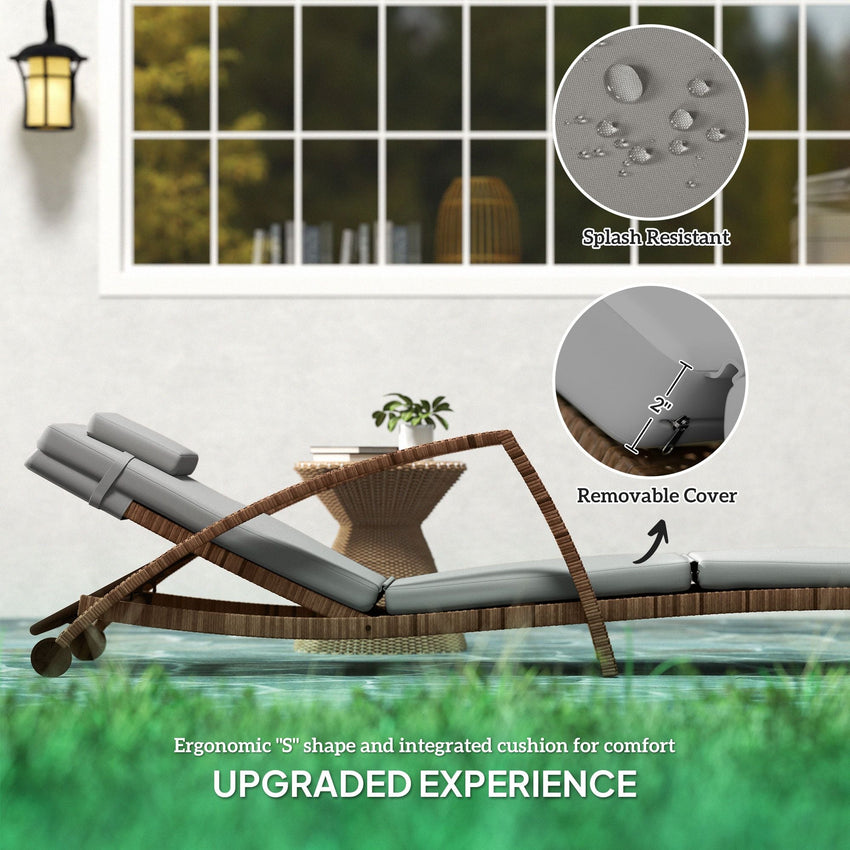 Outsunny Set of 2 Wicker Chaise Lounge Chair Outdoor Patio Lounger with Adjustable Back, Wheels, Cushion, and Armrests, Gray - 7DAY'S