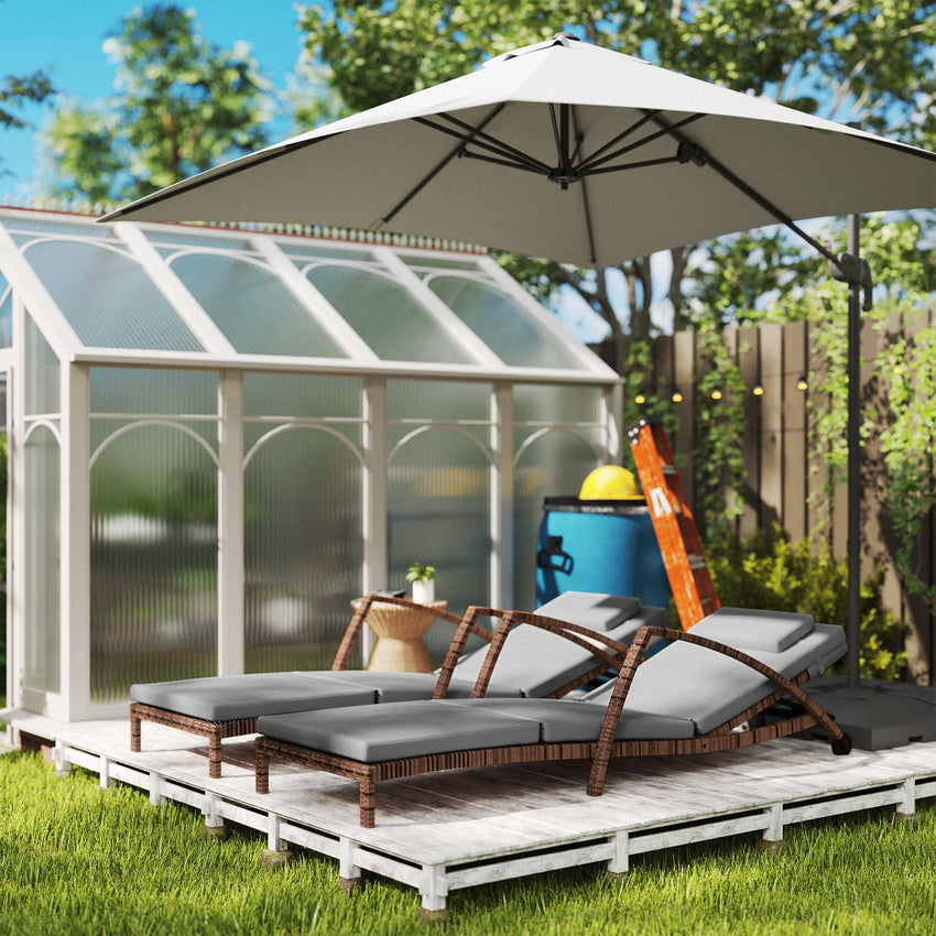 Outsunny Set of 2 Wicker Chaise Lounge Chair Outdoor Patio Lounger with Adjustable Back, Wheels, Cushion, and Armrests, Gray - 7DAY'S