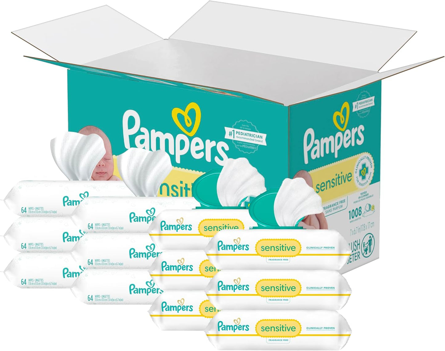 Pampers Sensitive Baby Wipes, Water Based, Hypoallergenic and Unscented, 8 Flip - Top Packs, 4 Refill Packs (1008 Wipes Total) - 7DAY'S