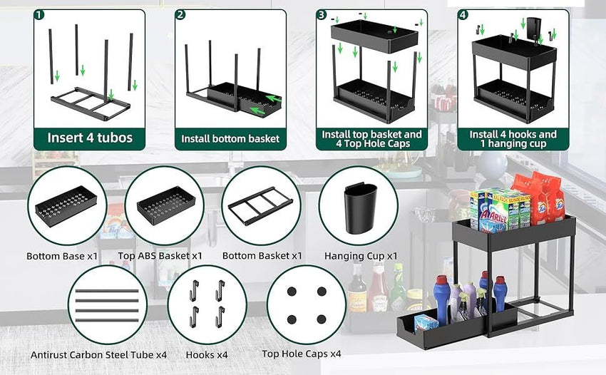 Paquete De 1 Organizador Debajo Del Fregadero, Organizadores De Gabinete De Baño, Cajón Deslizante De 2 Niveles Para Ganchos Para Colgar Tazas, Estante De Almacenamiento Multiusos Para Cocina Y - 7DAY'S
