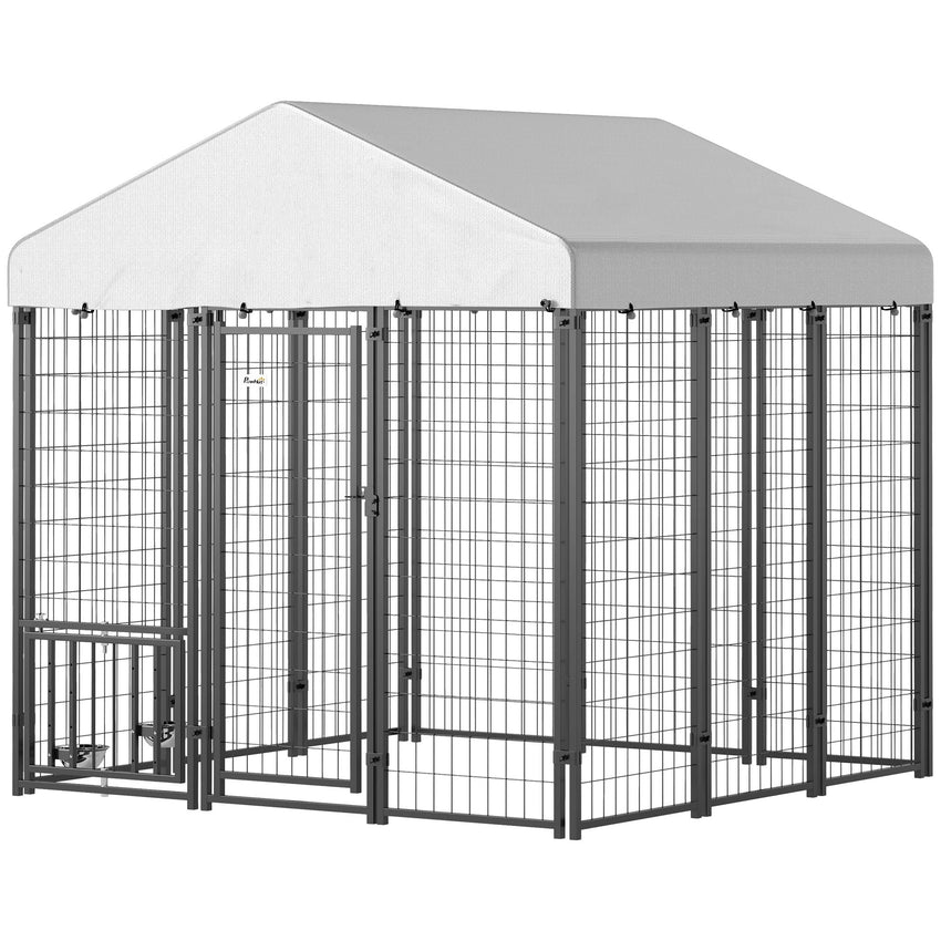 PawHut 5.9' x 5.9' x 6' Outdoor Dog Kennel with Roof, Rotating & 4 - Level Adjustable Bowls - 7DAY'S