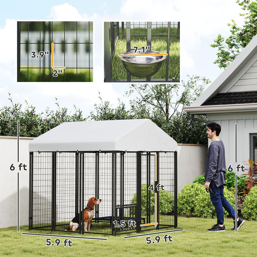 PawHut 5.9' x 5.9' x 6' Outdoor Dog Kennel with Roof, Rotating & 4 - Level Adjustable Bowls - 7DAY'S