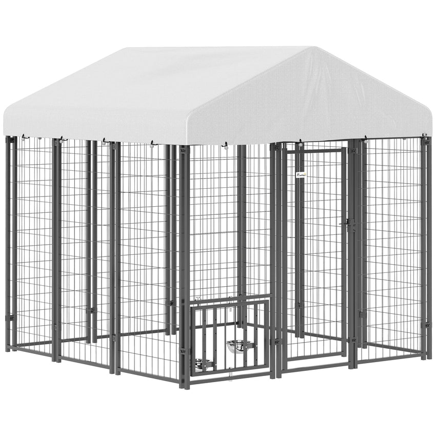PawHut 5.9' x 5.9' x 6' Outdoor Dog Kennel with Roof, Rotating & 4 - Level Adjustable Bowls - 7DAY'S