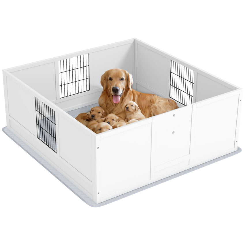 PawHut Dog Whelping Box with Washable Pee Pad, Adjustable Height Door, for Large Breed Dogs, 49" x 47" x 19" - 7DAY'S