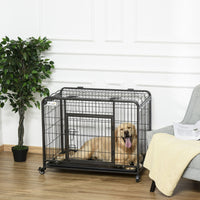 PawHut Metal Dog Crate 37" Heavy Duty Folding Kennel with Removable Tray Cover 4 Wheels Gray - 7DAY'S
