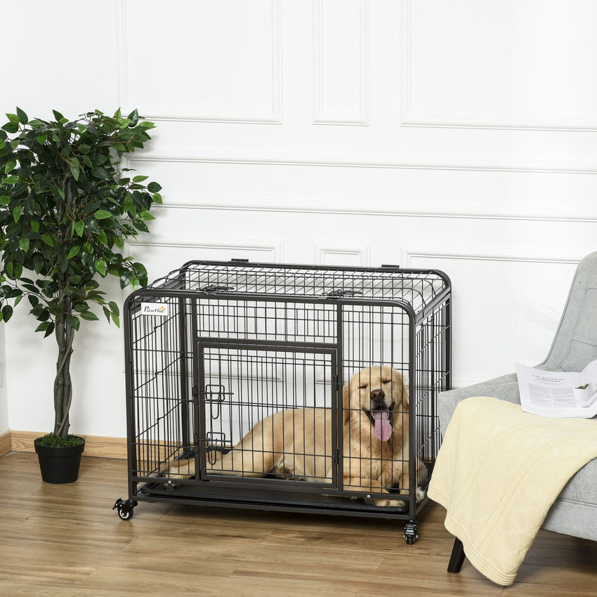 PawHut Metal Dog Crate 37" Heavy Duty Folding Kennel with Removable Tray Cover 4 Wheels Gray - 7DAY'S