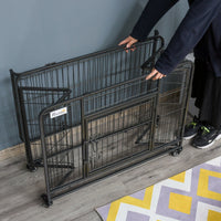 PawHut Metal Dog Crate 37" Heavy Duty Folding Kennel with Removable Tray Cover 4 Wheels Gray - 7DAY'S