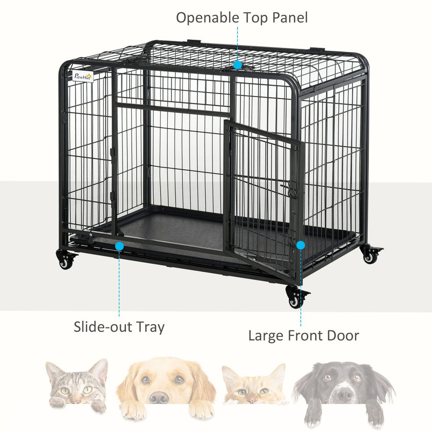 PawHut Metal Dog Crate 37" Heavy Duty Folding Kennel with Removable Tray Cover 4 Wheels Gray - 7DAY'S