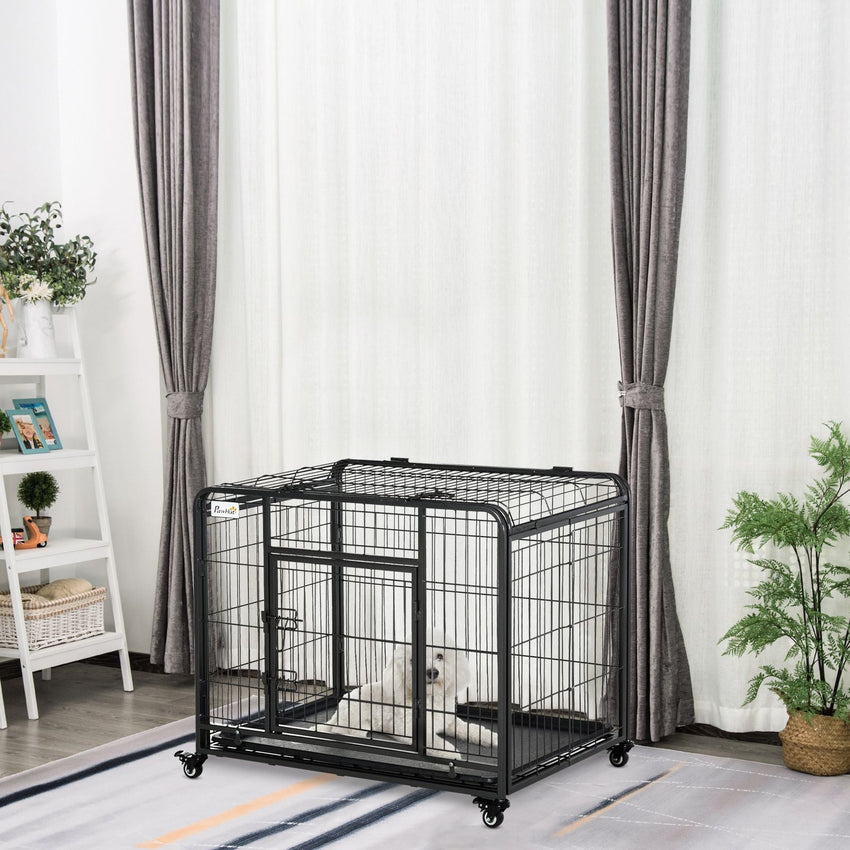 PawHut Metal Dog Crate 37" Heavy Duty Folding Kennel with Removable Tray Cover 4 Wheels Gray - 7DAY'S