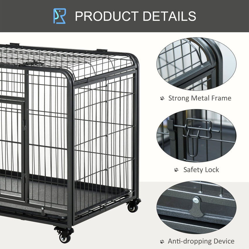 PawHut Metal Dog Crate 37" Heavy Duty Folding Kennel with Removable Tray Cover 4 Wheels Gray - 7DAY'S