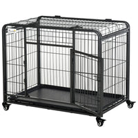 PawHut Metal Dog Crate 37" Heavy Duty Folding Kennel with Removable Tray Cover 4 Wheels Gray - 7DAY'S