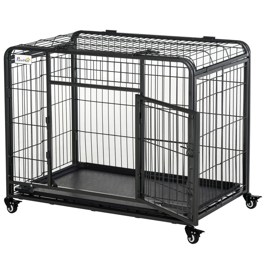 PawHut Metal Dog Crate 37" Heavy Duty Folding Kennel with Removable Tray Cover 4 Wheels Gray - 7DAY'S