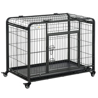 PawHut Metal Dog Crate 37" Heavy Duty Folding Kennel with Removable Tray Cover 4 Wheels Gray - 7DAY'S
