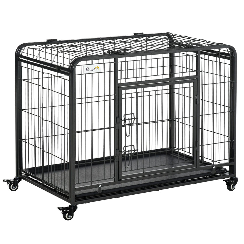 PawHut Metal Dog Crate 37" Heavy Duty Folding Kennel with Removable Tray Cover 4 Wheels Gray - 7DAY'S
