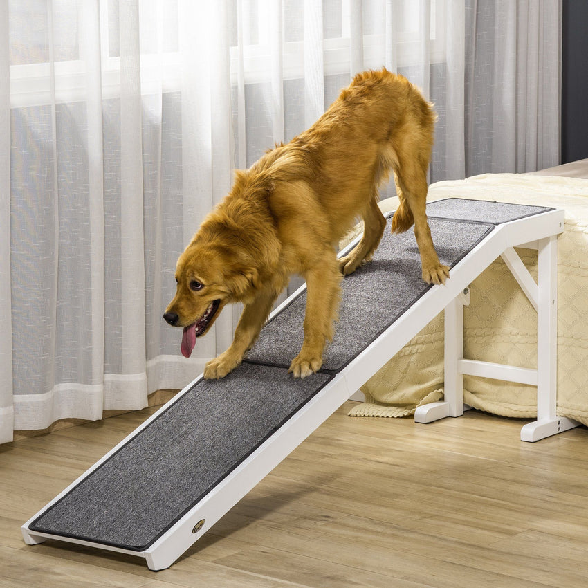 PawHut Pet Ramp for Dogs Non - slip Carpet Top Platform Pine Wood 74"L x 16"W x 25"H, Grey, White - 7DAY'S