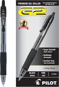 Pilot G2 Premium Gel Roller Pens 0.7, Fine Point Smooth Writing Pens Black, Pack of 12 - 7DAY'S