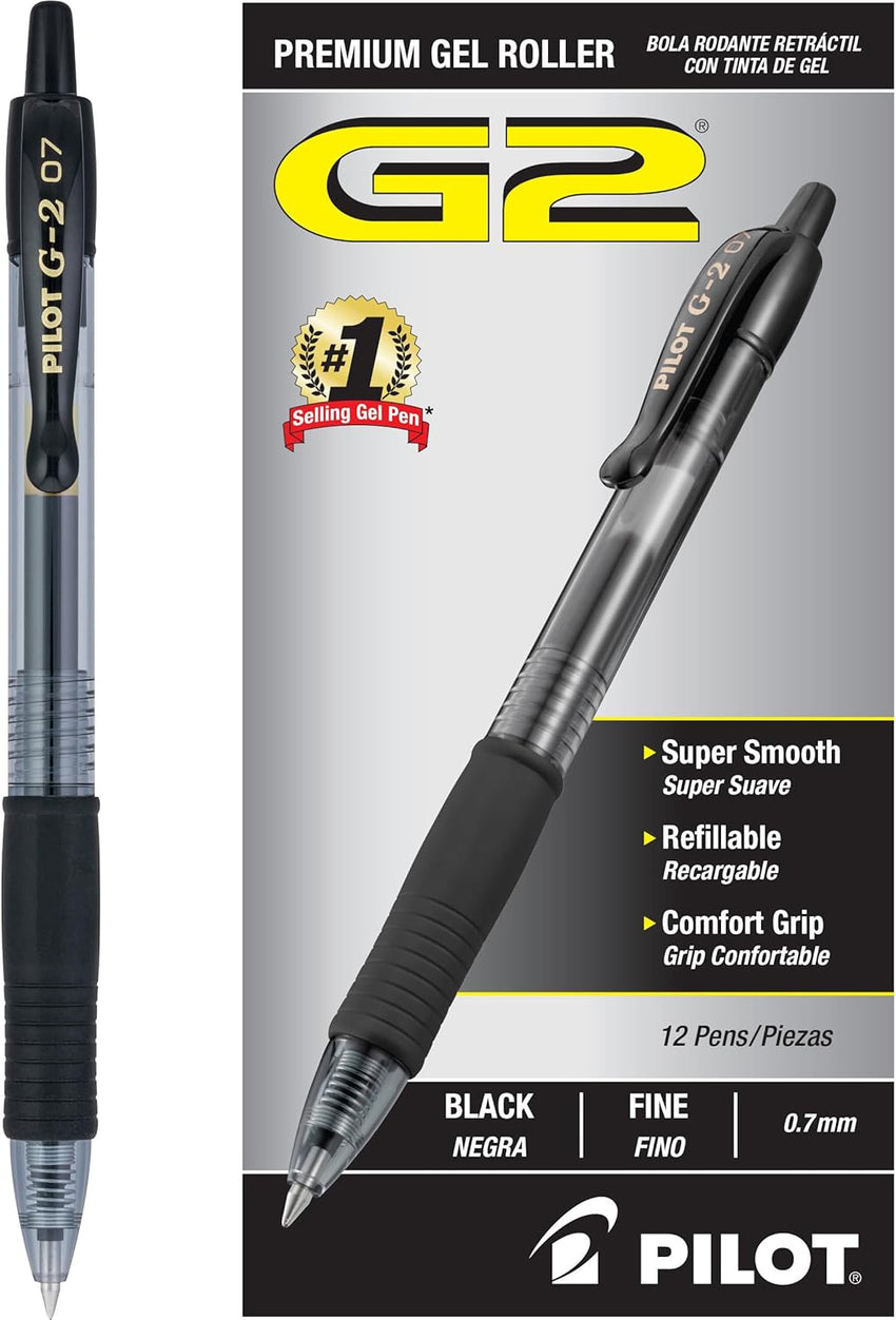 Pilot G2 Premium Gel Roller Pens 0.7, Fine Point Smooth Writing Pens Black, Pack of 12 - 7DAY'S
