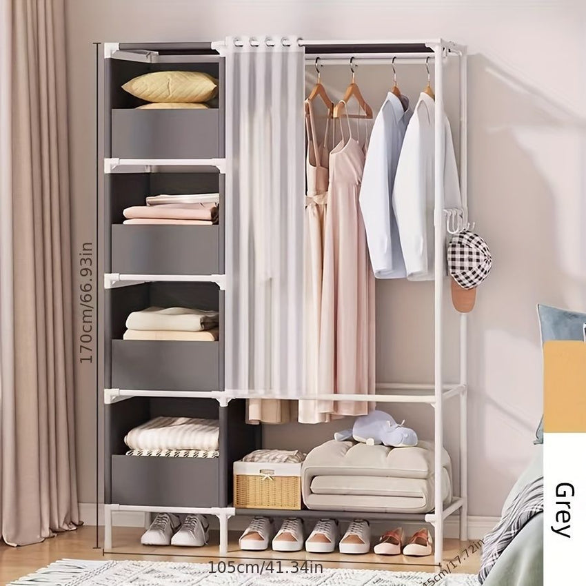 Portable simple wardrobe with 4 - tier, separate wardrobe organizer storage system with metal hanging rods and side hooks. Suitable for wardrobes and bedrooms - 7DAY'S