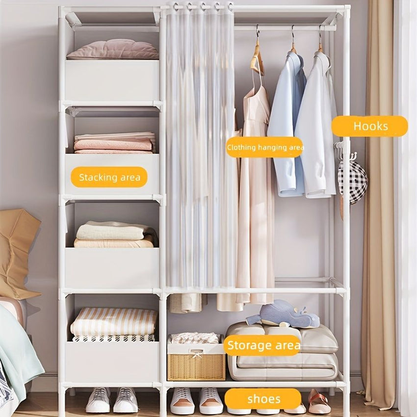 Portable simple wardrobe with 4 - tier, separate wardrobe organizer storage system with metal hanging rods and side hooks. Suitable for wardrobes and bedrooms - 7DAY'S
