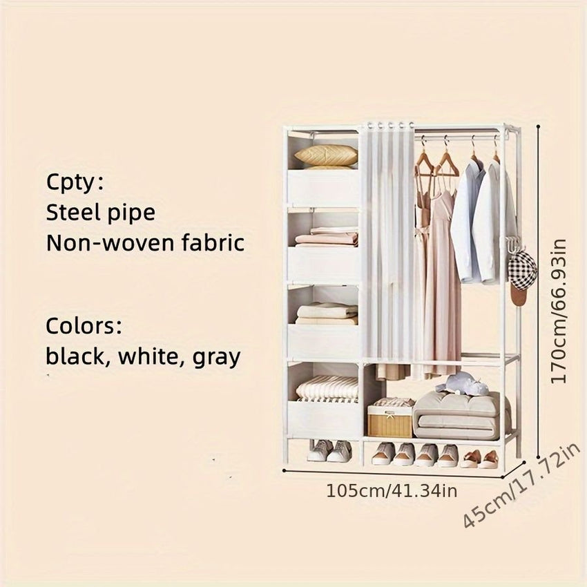 Portable simple wardrobe with 4 - tier, separate wardrobe organizer storage system with metal hanging rods and side hooks. Suitable for wardrobes and bedrooms - 7DAY'S