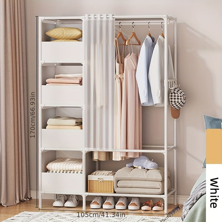 Portable simple wardrobe with 4 - tier, separate wardrobe organizer storage system with metal hanging rods and side hooks. Suitable for wardrobes and bedrooms - 7DAY'S
