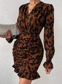 Ruched Ruffled Leopard Surplice Long Sleeve Dress - 7DAY'S