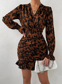 Ruched Ruffled Leopard Surplice Long Sleeve Dress - 7DAY'S