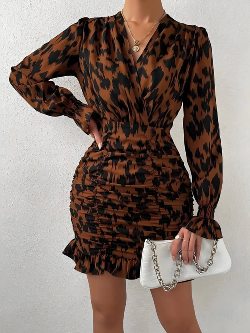 Ruched Ruffled Leopard Surplice Long Sleeve Dress - 7DAY'S