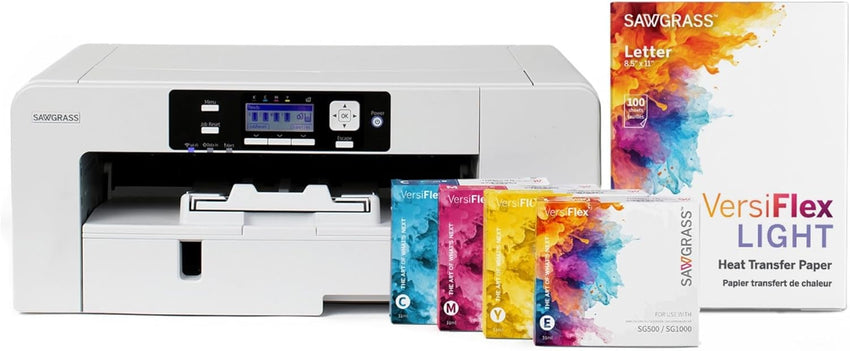 Sawgrass SG500 VersiFlex Printer Bundle, Innovative Inks & Light Heat Transfer Paper Bundle - Soft - Touch Infusible Ink, 8.5x11 Paper - Professional Results on Untreated Fabric and Wood - 7DAY'S
