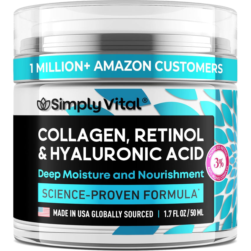SimplyVital Collagen, Retinol & Hyaluronic Acid Cream - Anti - Aging Face Moisturizer for Face, Firming Skin Care Neck & Décolleté - Made in USA, Daily Moisturizer Face Cream Day & Night - 1.7 fl.oz. - 7DAY'S