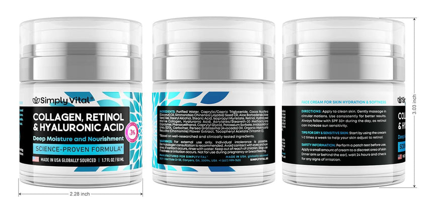 SimplyVital Collagen, Retinol & Hyaluronic Acid Cream - Anti - Aging Face Moisturizer for Face, Firming Skin Care Neck & Décolleté - Made in USA, Daily Moisturizer Face Cream Day & Night - 1.7 fl.oz. - 7DAY'S