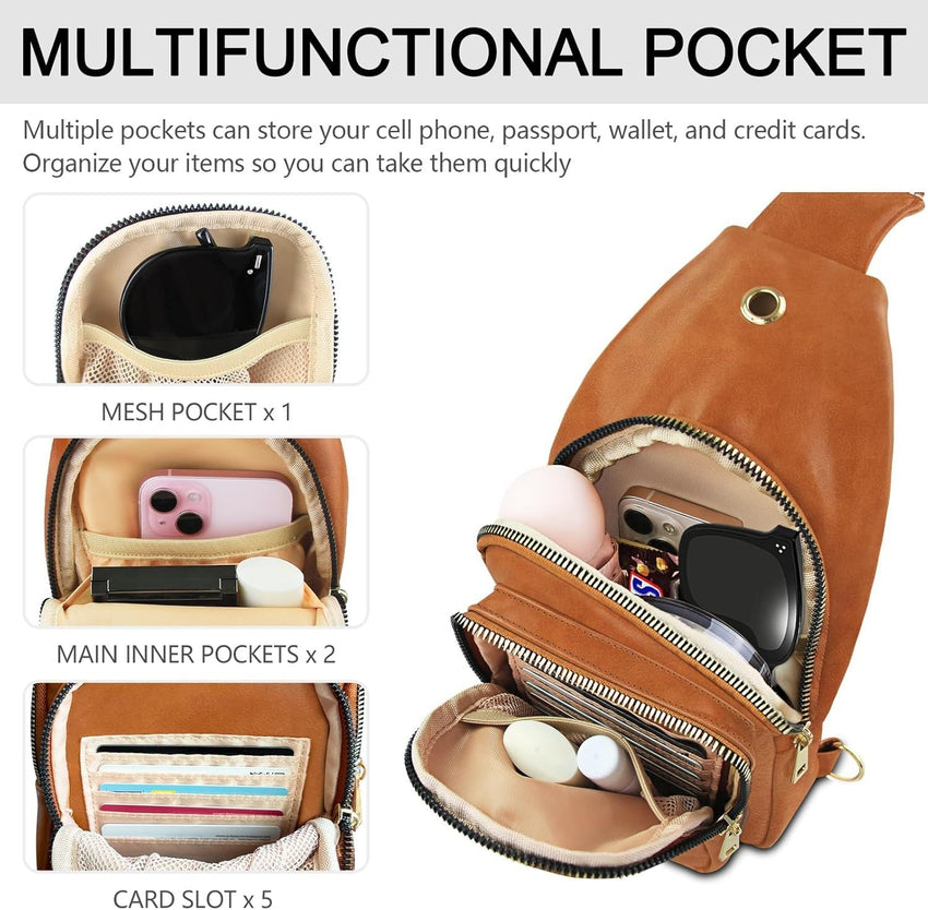 Sling Bag For Women, Leather Fanny Pack With Detachable Strap, Crossbody Chest Bag With Anti Theft For Travel(Black And Brown) - 7DAY'S