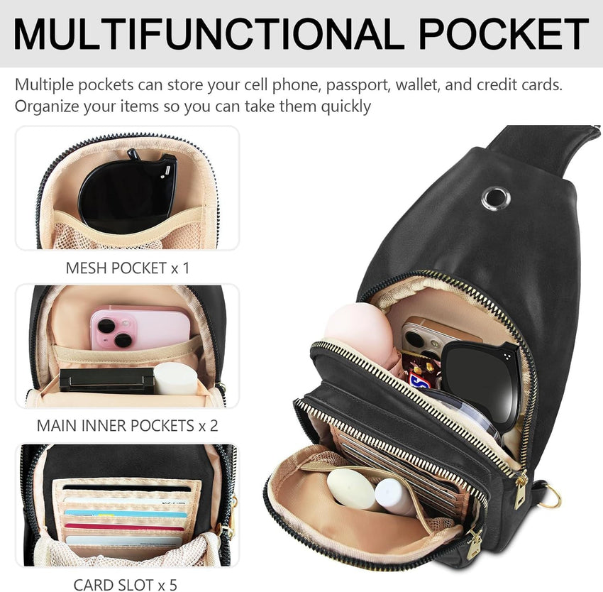 Sling Bag For Women, Leather Fanny Pack With Detachable Strap, Crossbody Chest Bag With Anti Theft For Travel(Black And Brown) - 7DAY'S