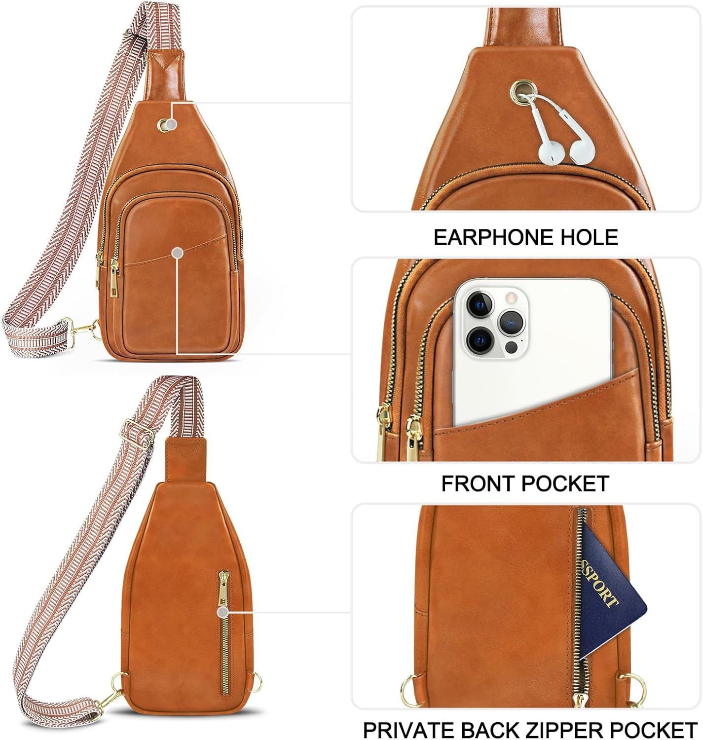 Sling Bag For Women, Leather Fanny Pack With Detachable Strap, Crossbody Chest Bag With Anti Theft For Travel(Black And Brown) - 7DAY'S