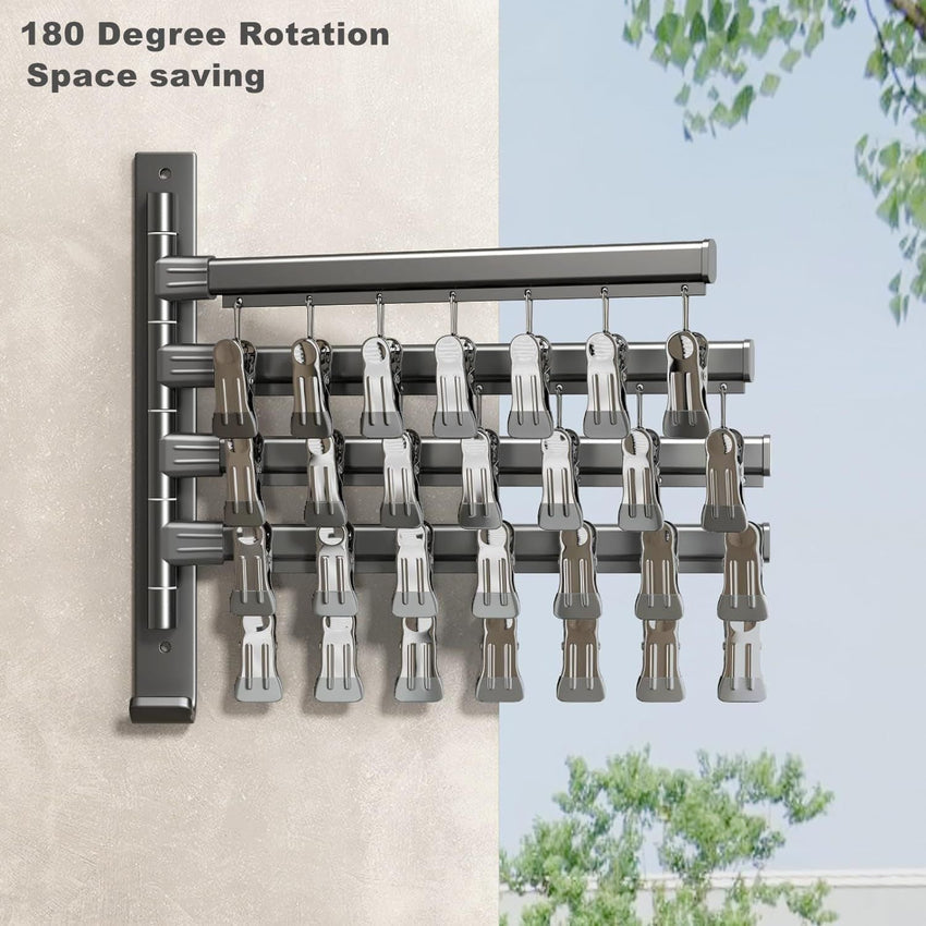 Sock Drying Rack Wall Mounted Rotate Drying Hangers with 28 Clips Laundry Rack for Bra Gloves Hat Baby Cloth Underwear - 7DAY'S