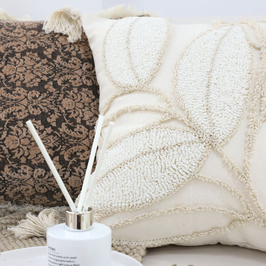 SOGA 45cm Wabi - sabi Cream Flower Cover & Beige Velvet Leaf Ring Square Throw Pillow - 7DAY'S