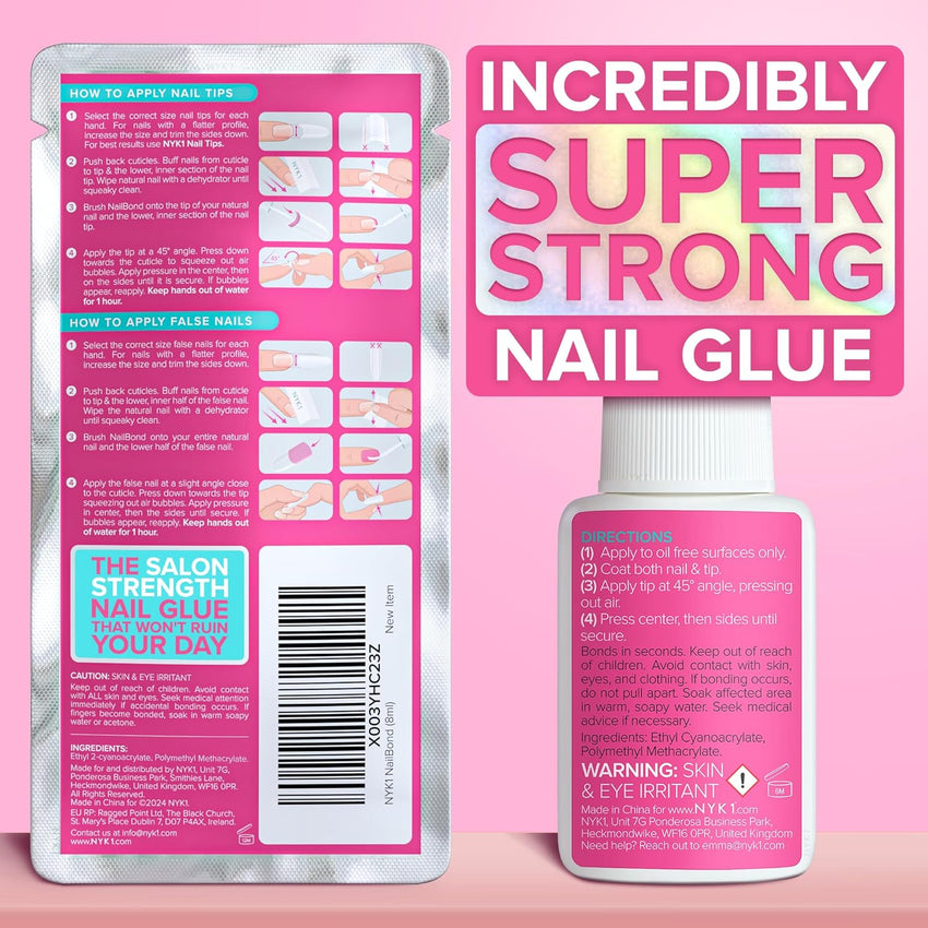 Super Strong Nail Glue for Press On Nails, Nail Tips & Acrylic Nails (8ml) NYK1 NailBond Brush On Glue for Press Ons, Tips & Acrylics - Long Lasting, Maximum Strength, Mess - Free Application - 7DAY'S