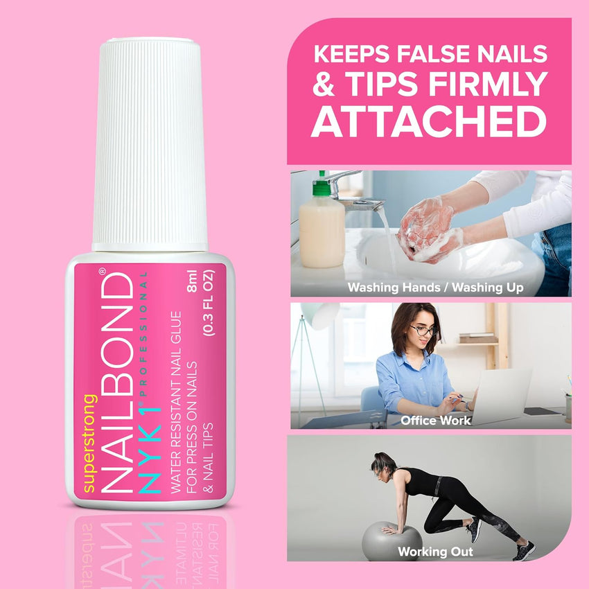 Super Strong Nail Glue for Press On Nails, Nail Tips & Acrylic Nails (8ml) NYK1 NailBond Brush On Glue for Press Ons, Tips & Acrylics - Long Lasting, Maximum Strength, Mess - Free Application - 7DAY'S
