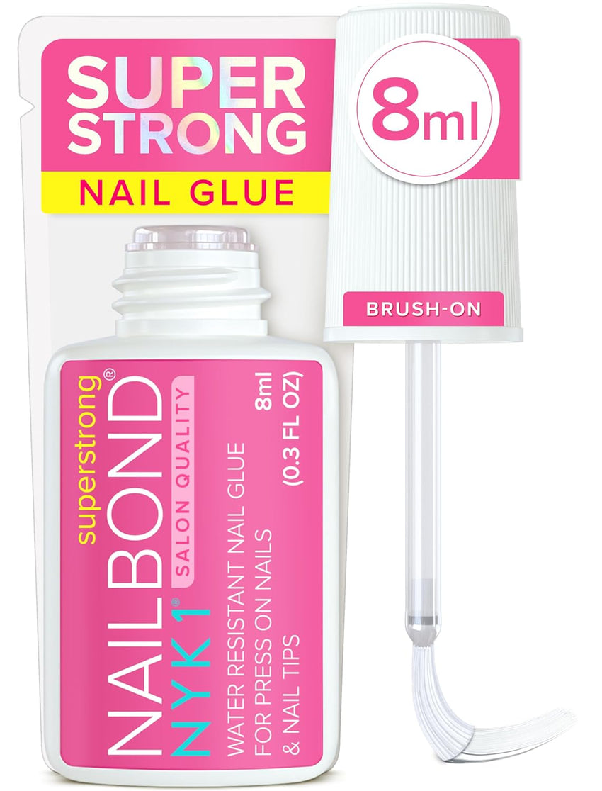 Super Strong Nail Glue for Press On Nails, Nail Tips & Acrylic Nails (8ml) NYK1 NailBond Brush On Glue for Press Ons, Tips & Acrylics - Long Lasting, Maximum Strength, Mess - Free Application - 7DAY'S