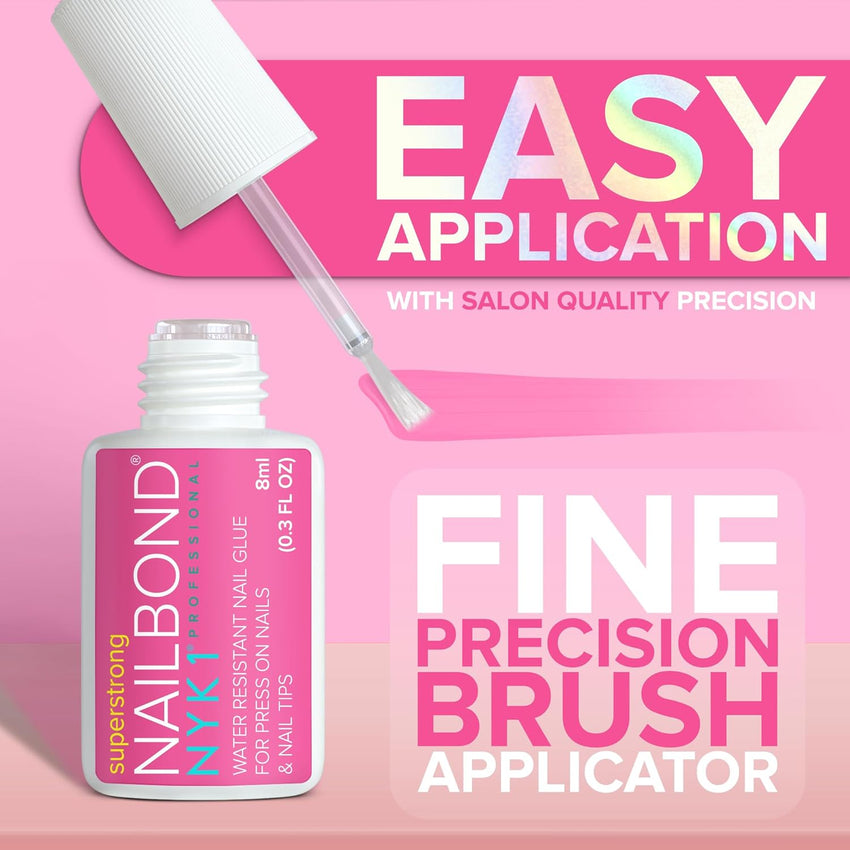 Super Strong Nail Glue for Press On Nails, Nail Tips & Acrylic Nails (8ml) NYK1 NailBond Brush On Glue for Press Ons, Tips & Acrylics - Long Lasting, Maximum Strength, Mess - Free Application - 7DAY'S
