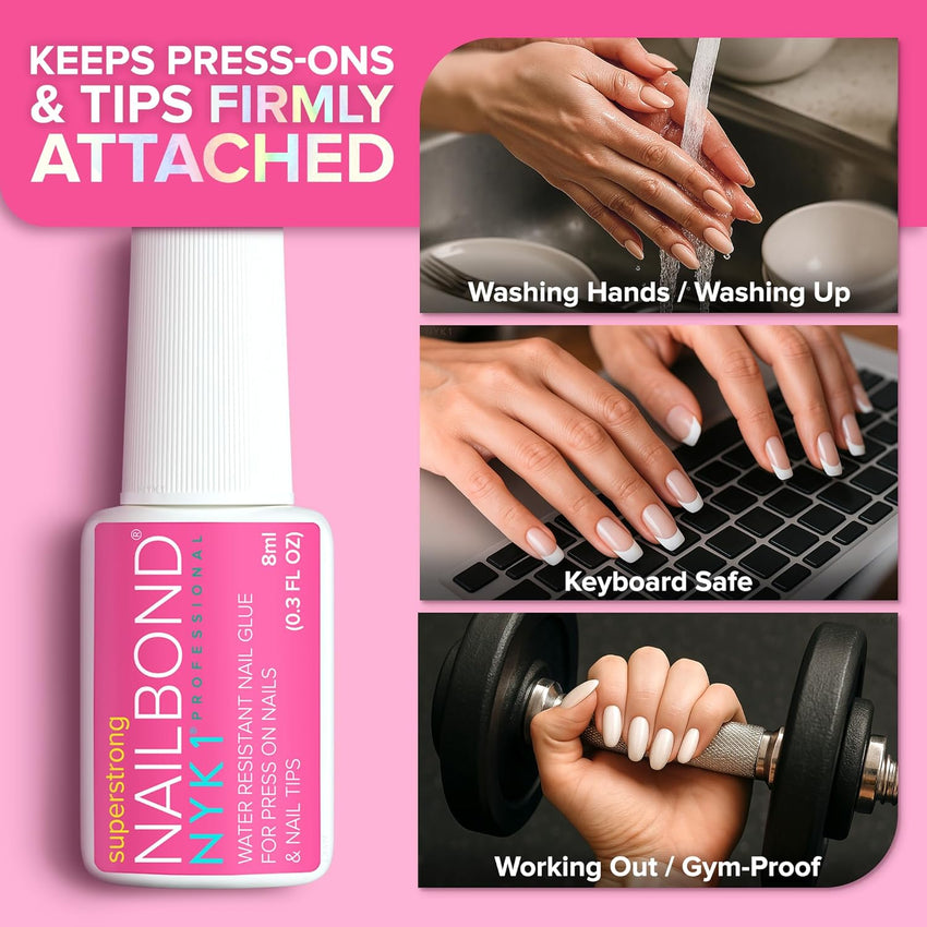 Super Strong Nail Glue for Press On Nails, Nail Tips & Acrylic Nails (8ml) NYK1 NailBond Brush On Glue for Press Ons, Tips & Acrylics - Long Lasting, Maximum Strength, Mess - Free Application - 7DAY'S