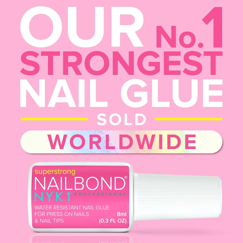 Super Strong Nail Glue for Press On Nails, Nail Tips & Acrylic Nails (8ml) NYK1 NailBond Brush On Glue for Press Ons, Tips & Acrylics - Long Lasting, Maximum Strength, Mess - Free Application - 7DAY'S