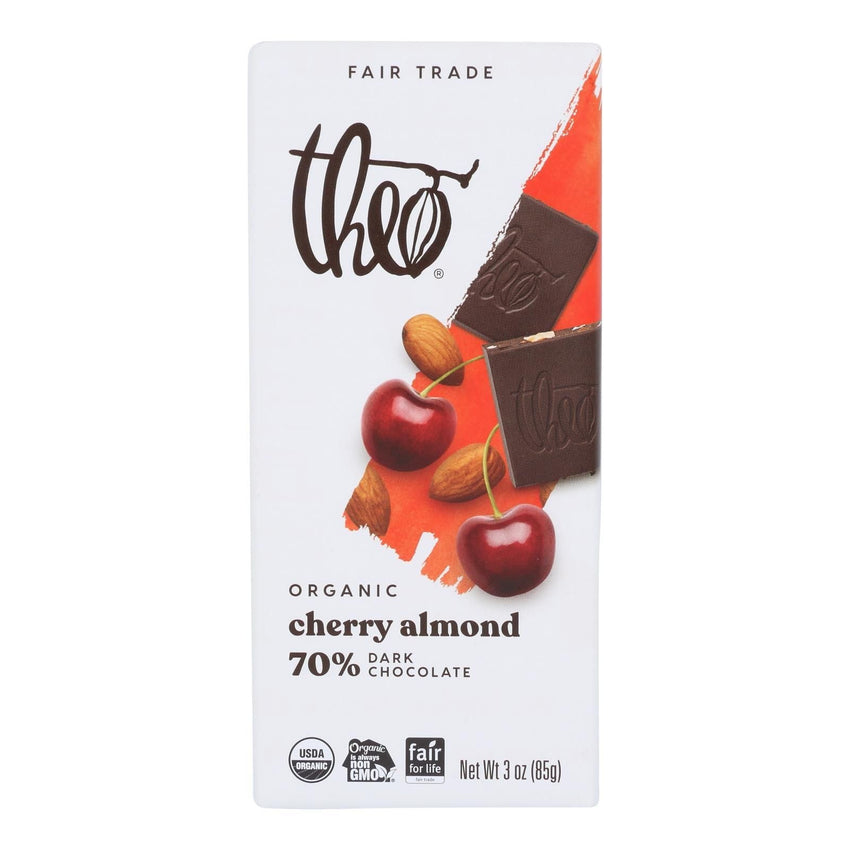 Theo Chocolate Organic Chocolate Bar - Classic - Dark Chocolate - 70 Percent Cacao - Cherry And Almond - 3 Oz Bars - Case Of 12 - 7DAY'S